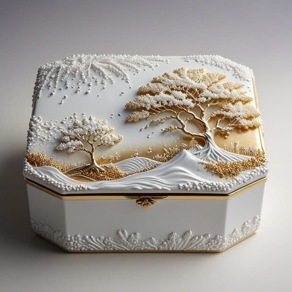 Elegant Porcelain Box with Impressionistic Waves and Trees