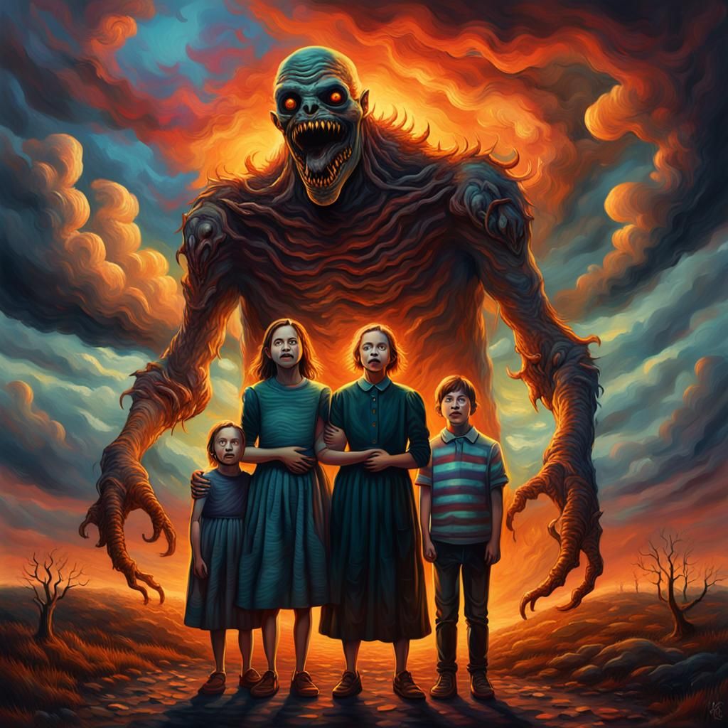 Eerie Family Portrait in Dark Fantasy Oil Painting