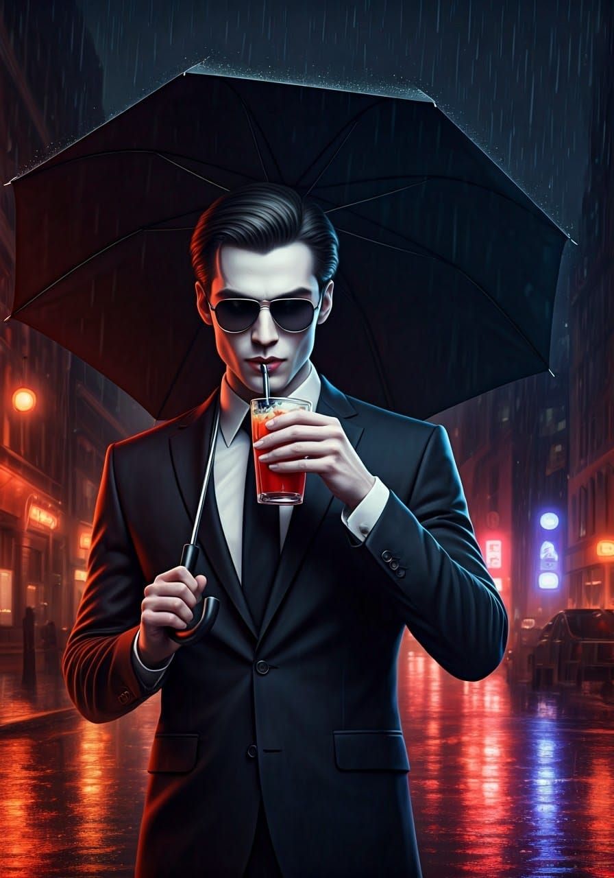 Modern Vampire in Sleek Attire, Sipping Bloody Mary under Ne...