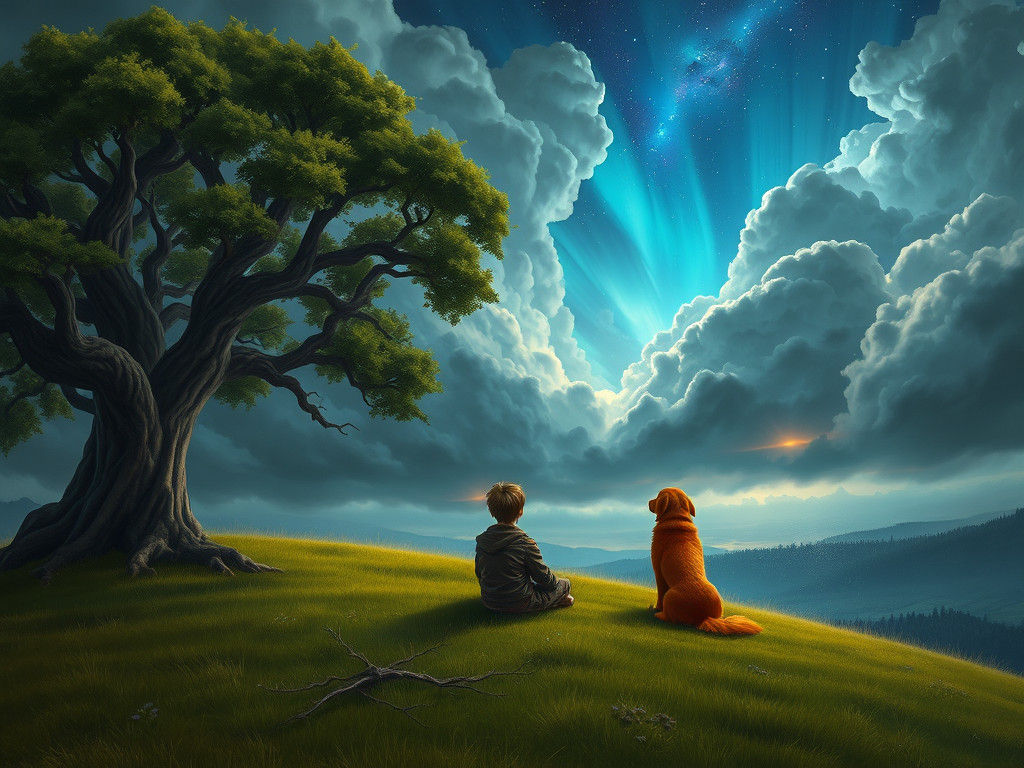 Boy and Dog Gaze at Cosmic Sky