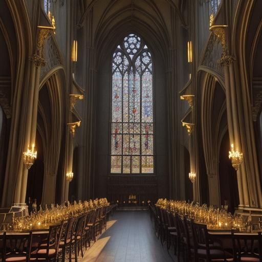 Majestic Gothic Dining Hall with Dramatic Lighting