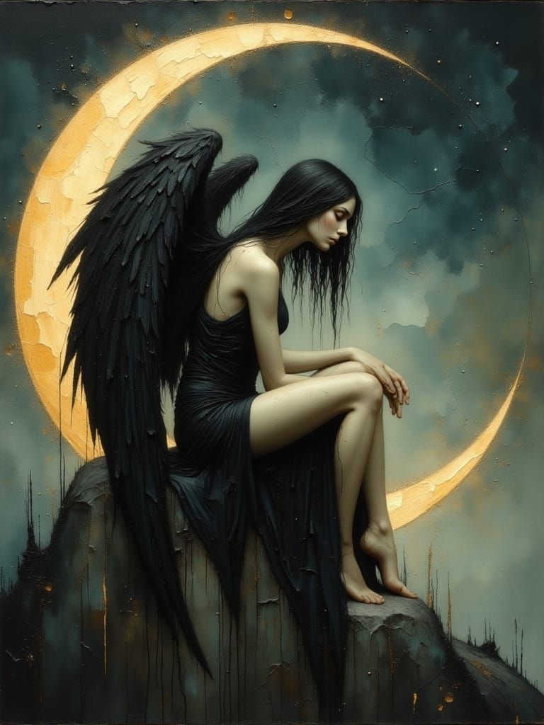 Fallen Angel on Moon in Divine Oil Painting