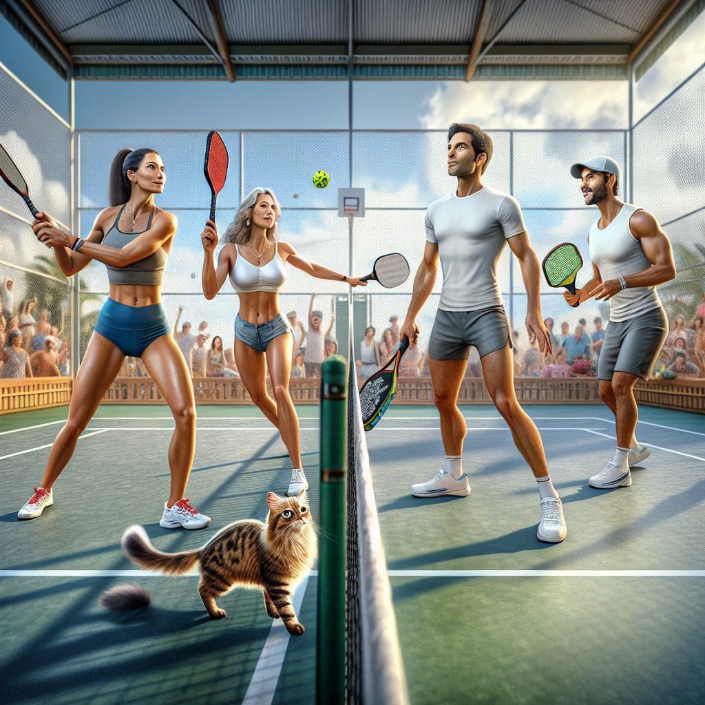 Hyper-Realistic Pickleball Game Interrupted by Playful Cat