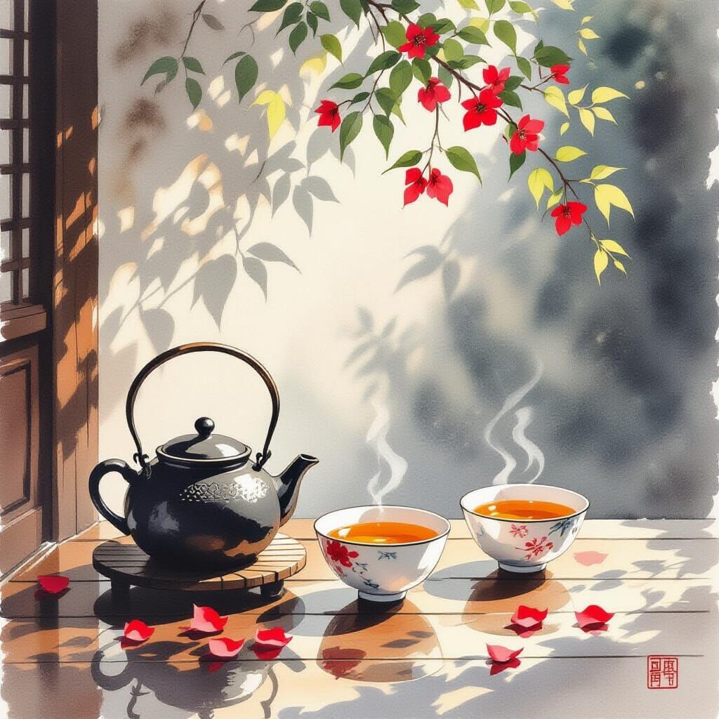 Rustic Tea Scene in Traditional Chinese Watercolor