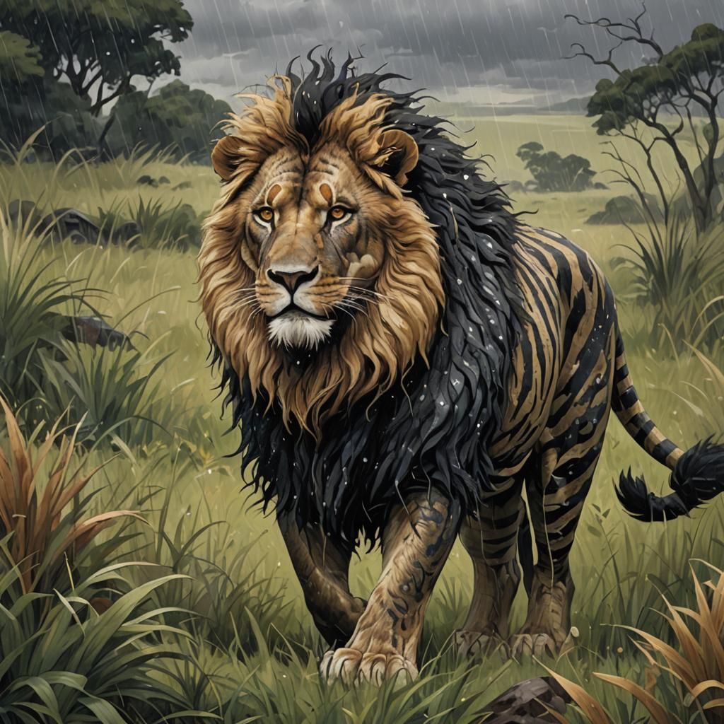 Lion Sauropod Hybrid in Rainy Landscape