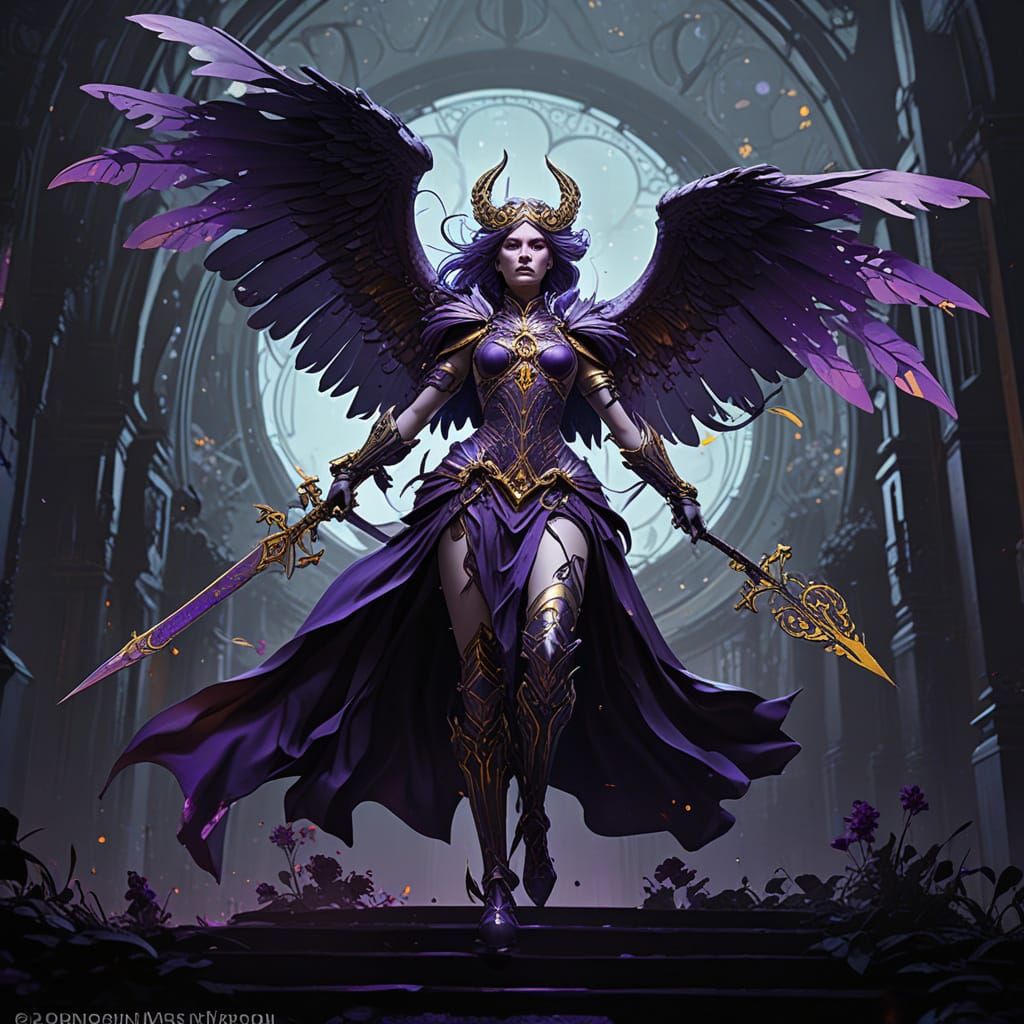 Dark Fantasy Seraph Descending Stairs in Vibrant Purple