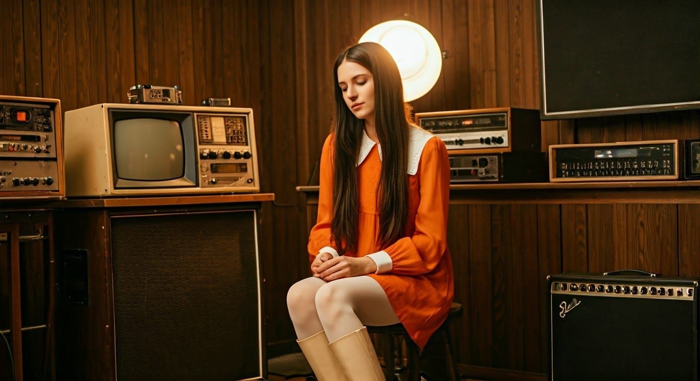 Retro 70s Woman Playing Guitar in TV Studio