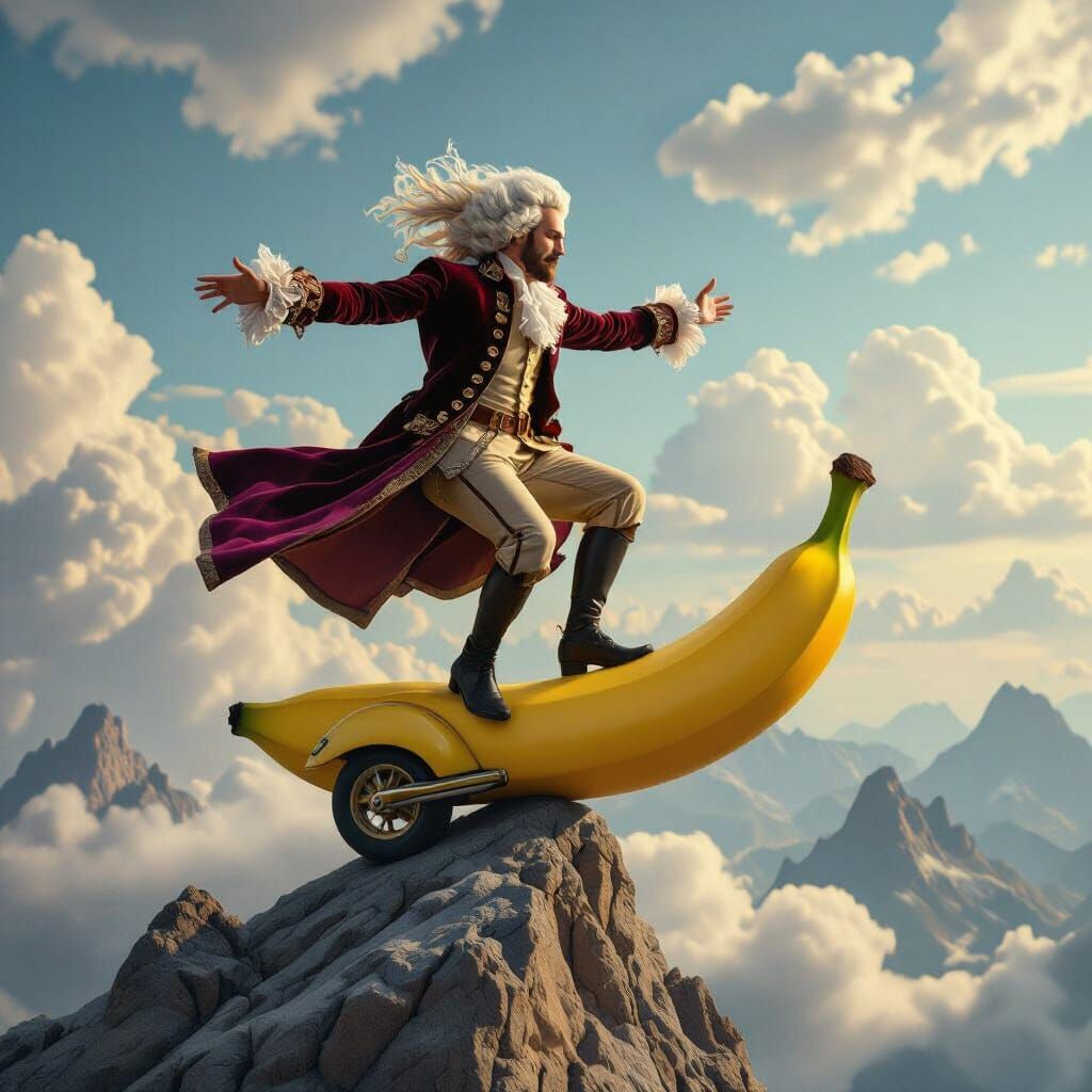 Baroque Painting: Man on Banana Scooter Flies to Lover