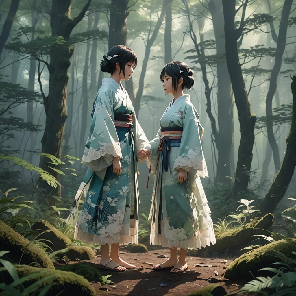 Anime Sisters in Misty Forest Concept Art