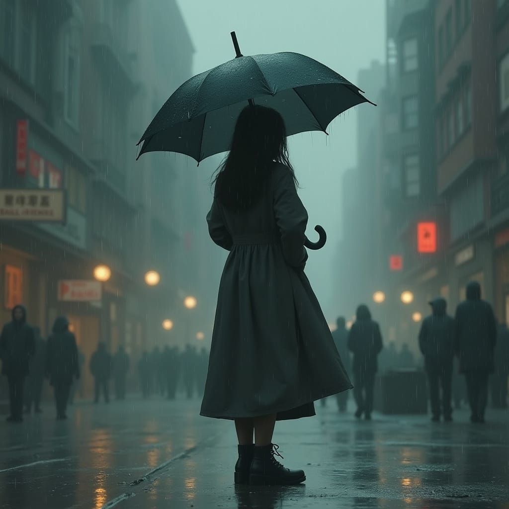 Rainy Cityscape Melancholy in Atmospheric Oil Painting Style