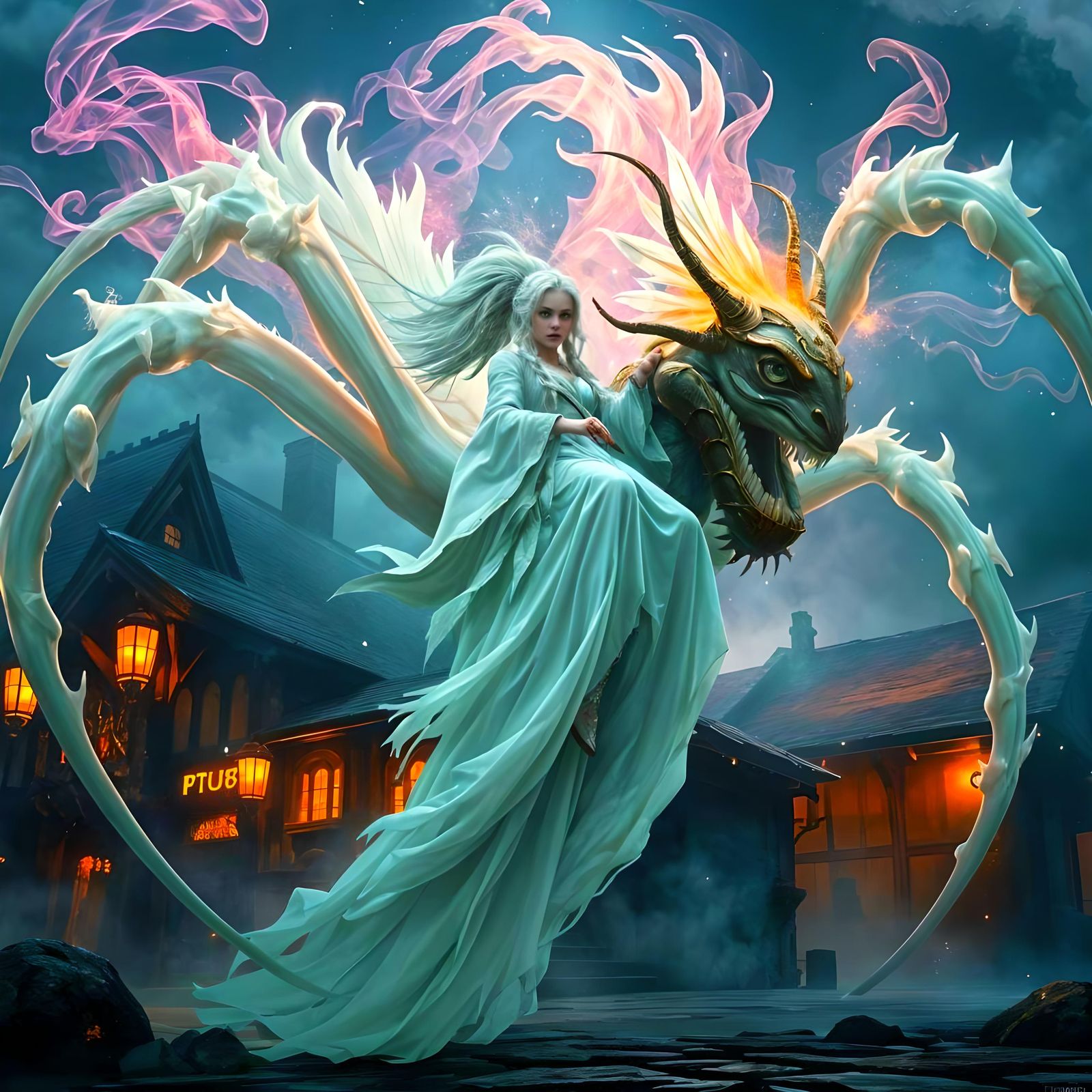 Druid Vampire Riding Ghostly Spider in Ethereal Landscape
