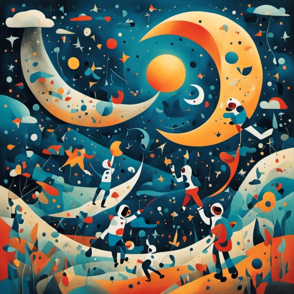 Astronauts Carving a Moon: Holographic Cosmic Illustration