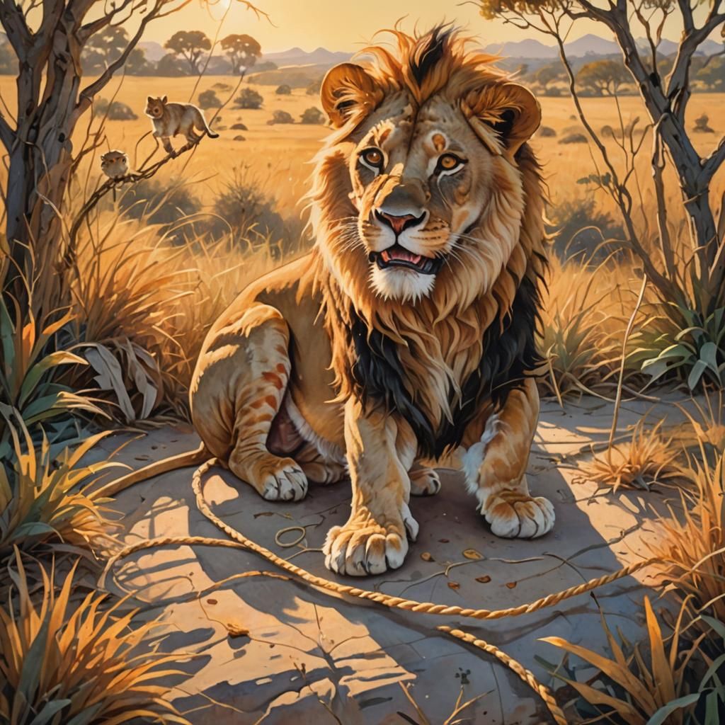 Lion Freed by Mouse: A Gouache Savannah Scene