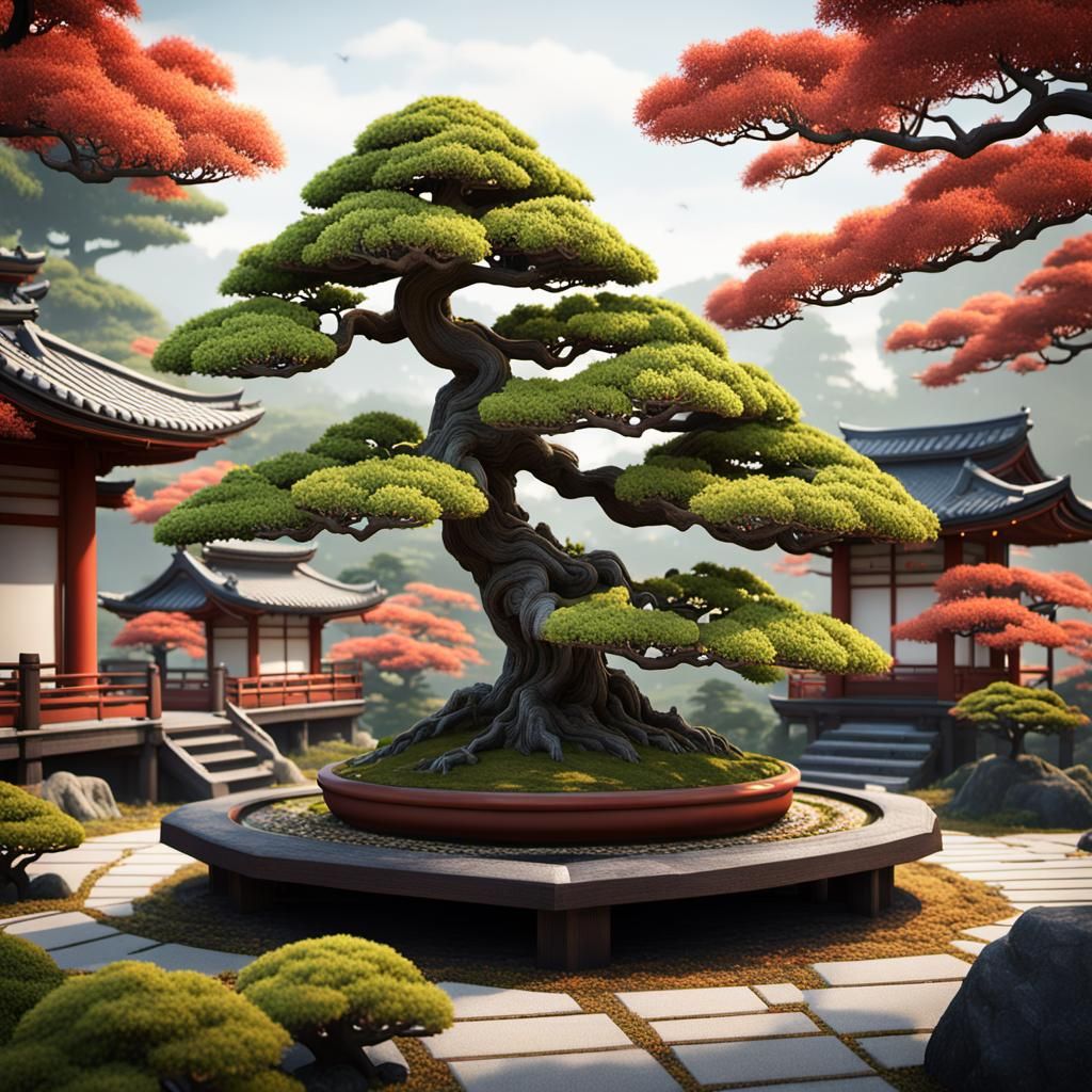 Bonsai Trees in Japanese Garden: Matte Painting