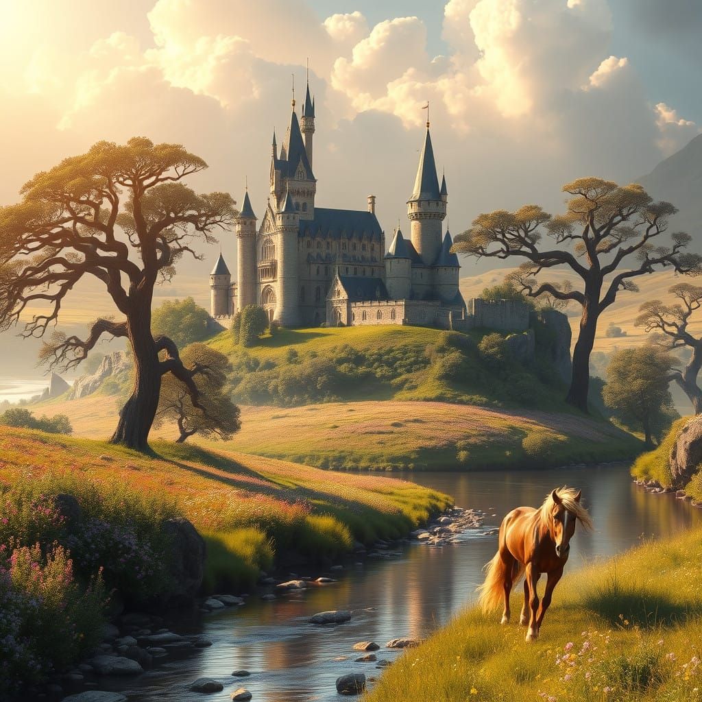 Whimsical Fairytale Castle Amidst Vibrant Wildflowers and An...