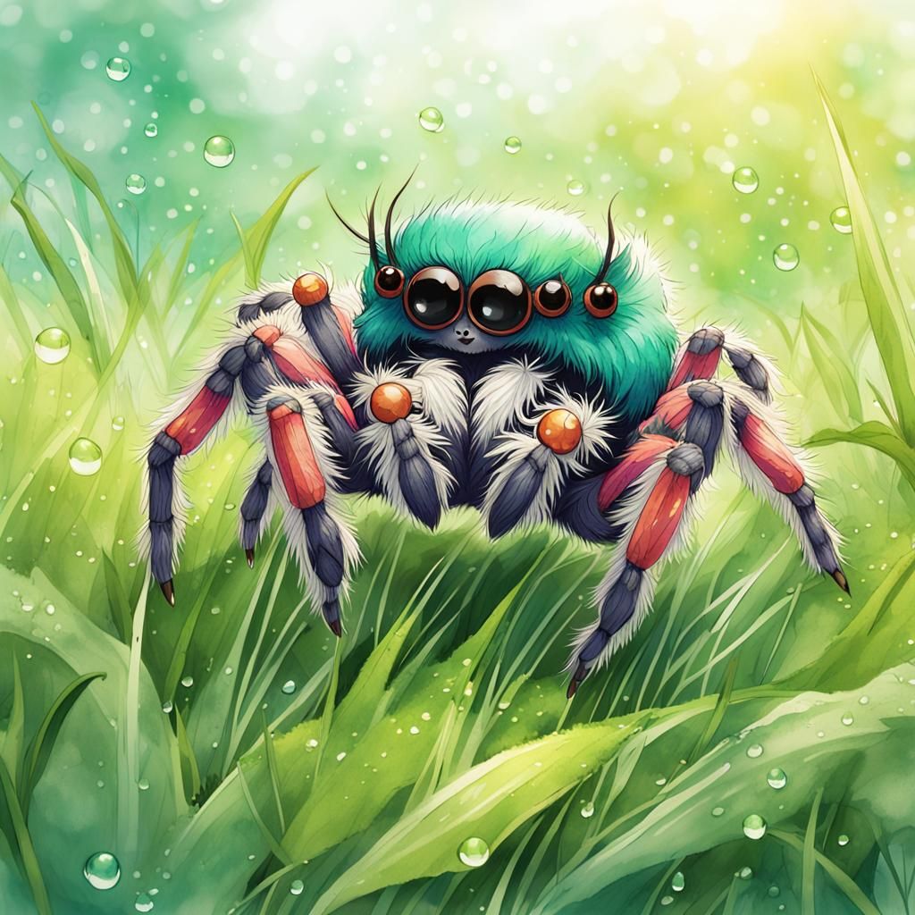 Jumping Spider Hiker in Anime Watercolor Style