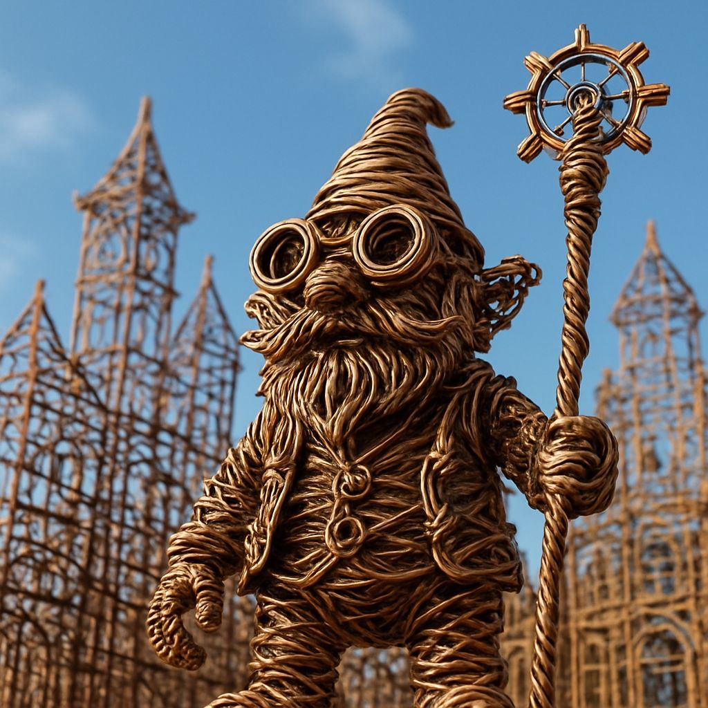 Steampunk Wire Gnome Overlooking City Center