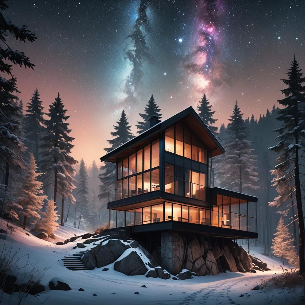 Glass Mountain Cottage Under Starry Sky
