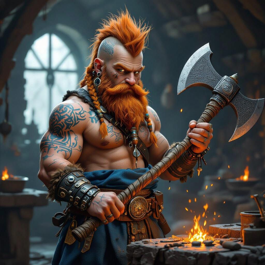 Dwarf Blacksmith Forging Axe in Dim Forge, Matte Painting St...