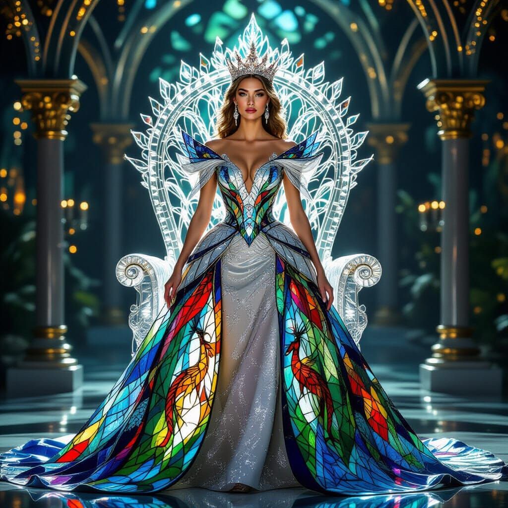 Queen in Dazzling Stained Glass Gown and Crown