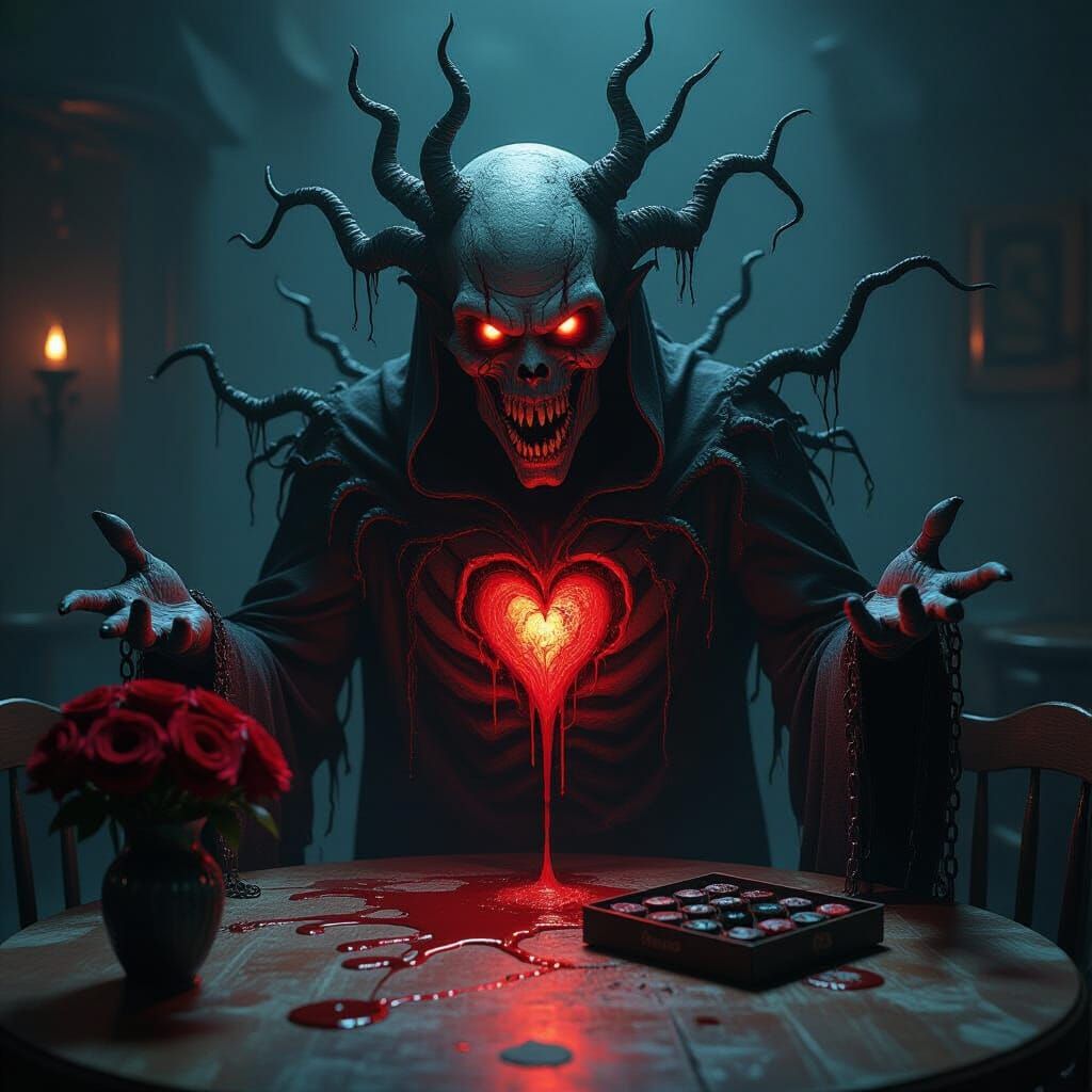 Nightmarish Entity with Crimson Heart in Horror Scene