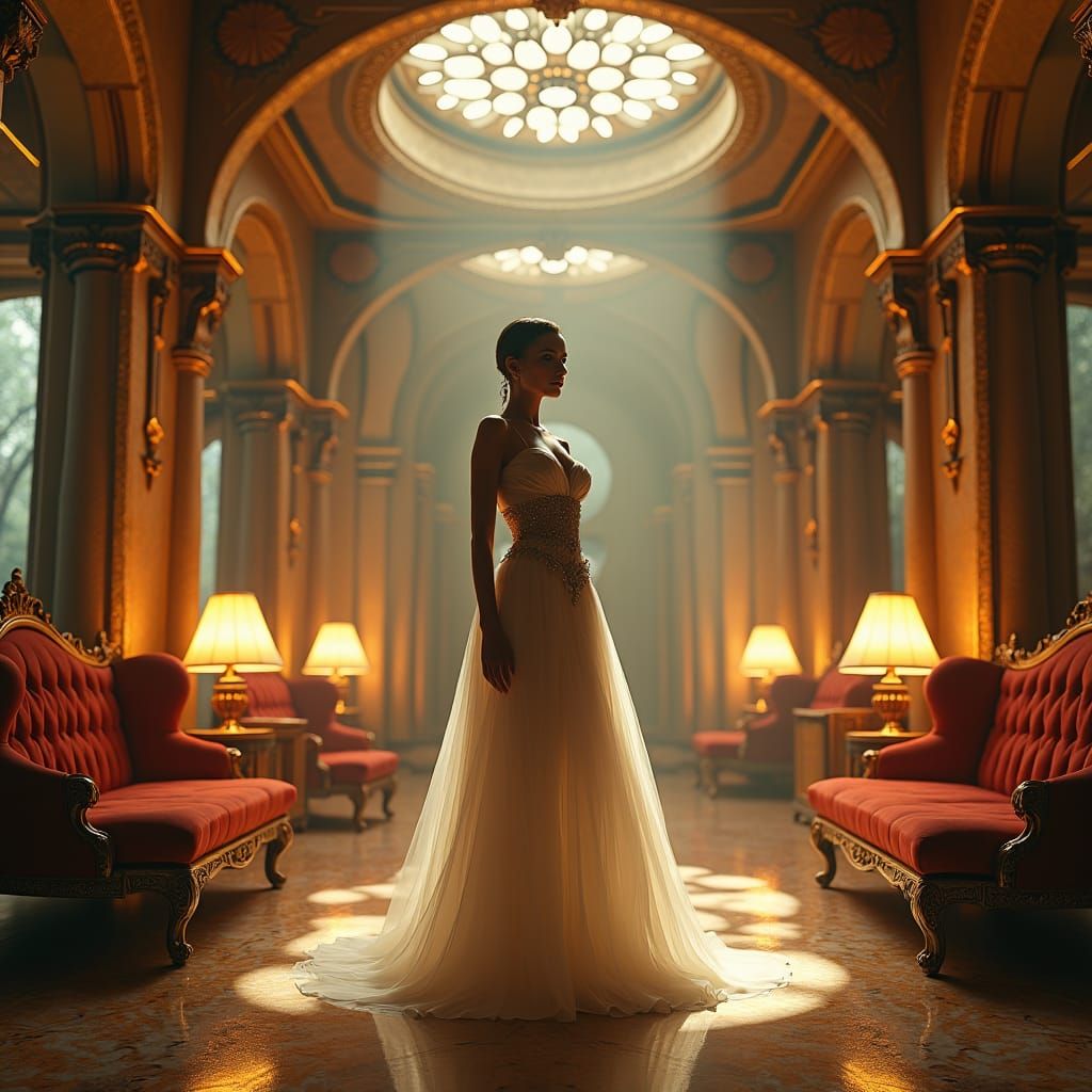 Swiss Model in Ornate Interior, Photorealistic Digital Art