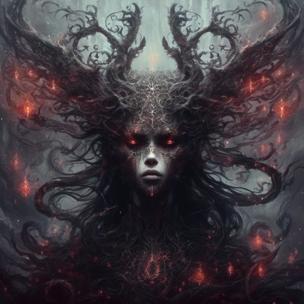 Figure Embraced by Glowing Runes and Inner Voices