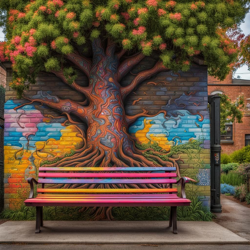 Graffiti Bench at Viretta Park: Hyperrealistic Splash Art