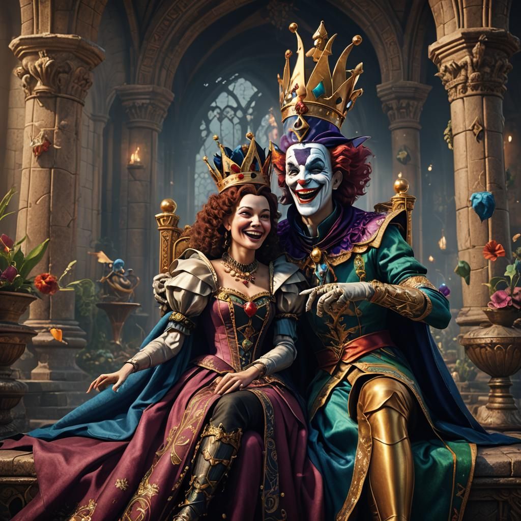 Queen and Jester Laughing in Magical Realism
