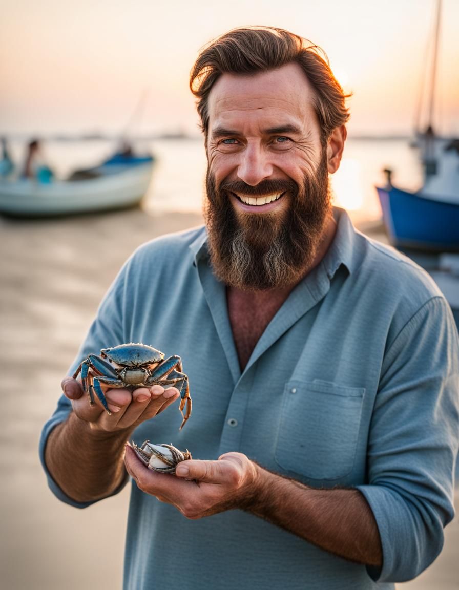 Man with Crab and Clam at Dawn: Professional Photography