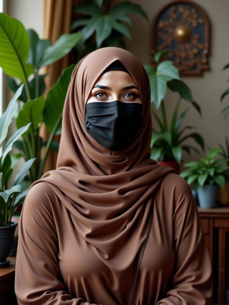 Hijabi Woman in Cozy Planted Room, Art Nouveau Style