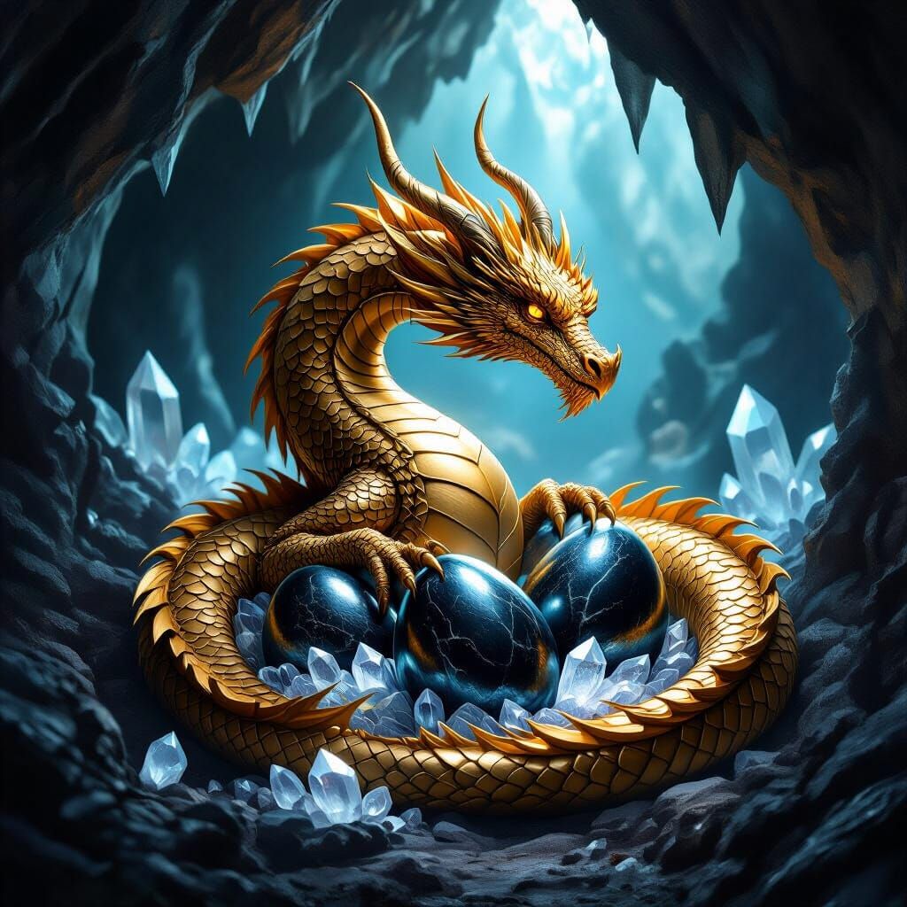Bronze Dragon Guarding Obsidian Eggs in Crystal Cave