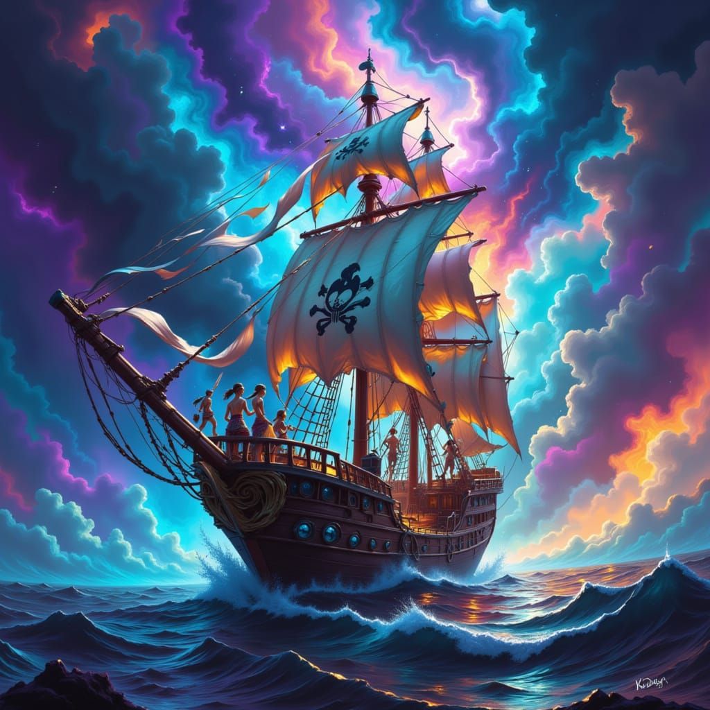 Epic Pirate Ship Navigates Stormy Nebula Sea