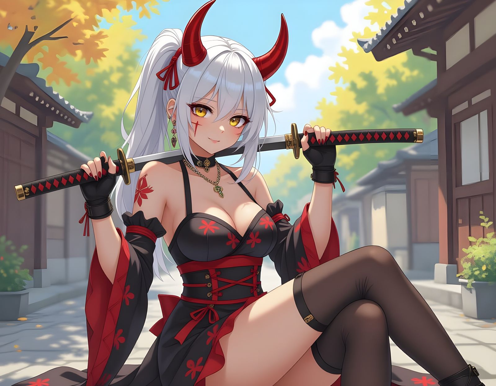 Oni Woman with Katana and Red Skin