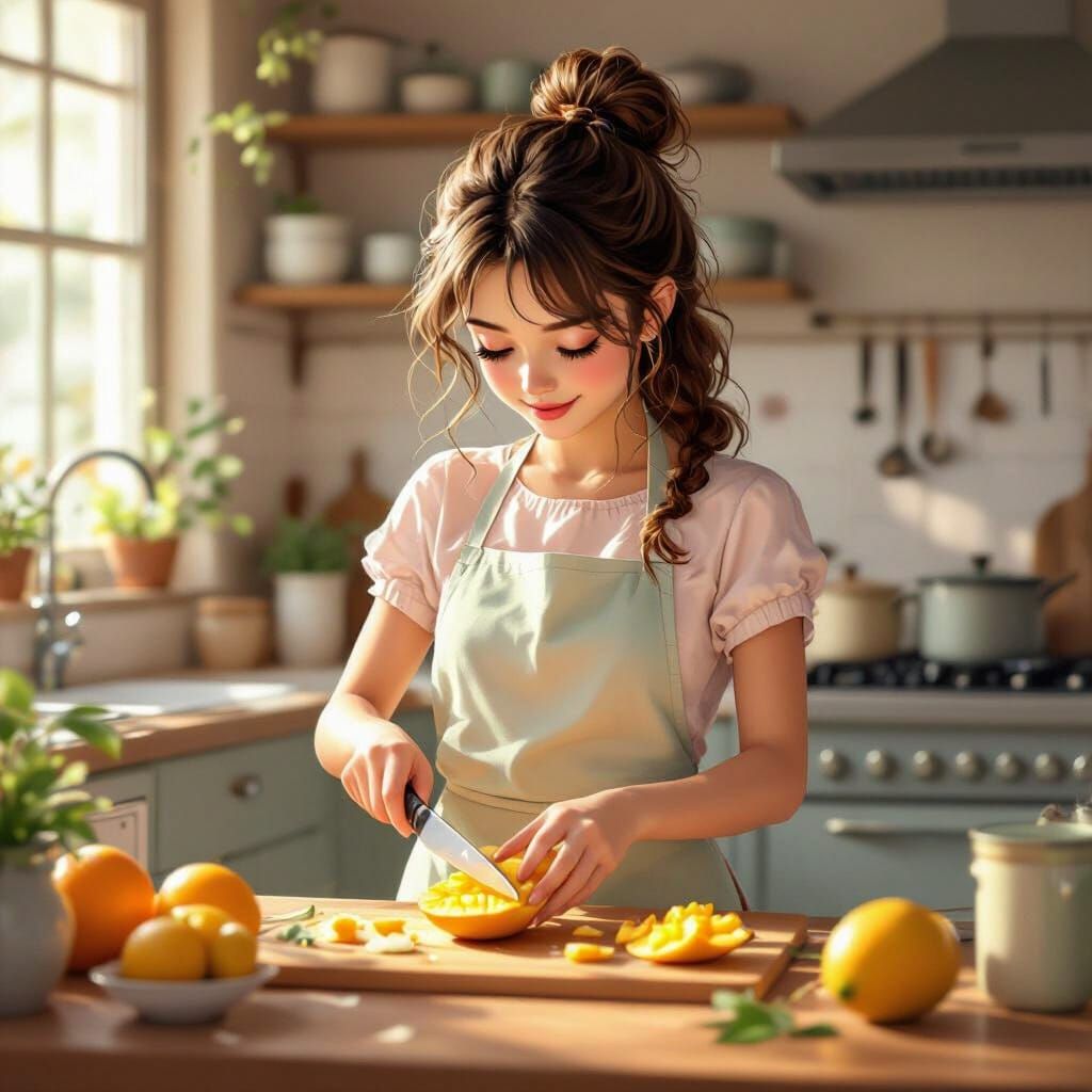 Girl Cutting Mango in Kitchen, Manga Art Style