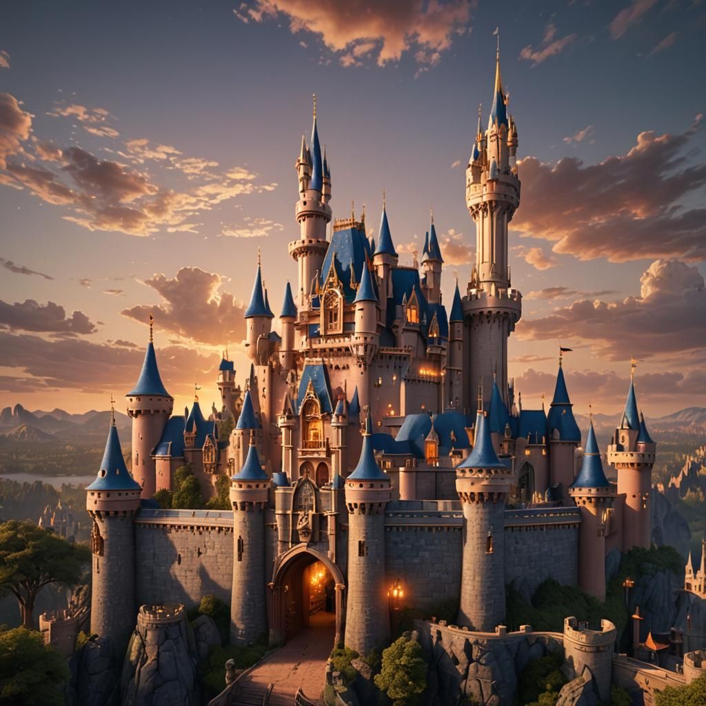 Realistic Disney Castle Sunset: Fantasy Concept Art