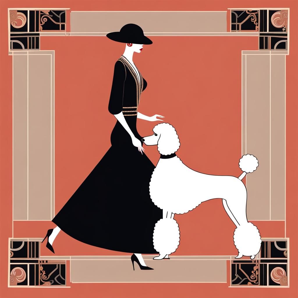 Elegant Woman Walking Poodle in Art Deco Style