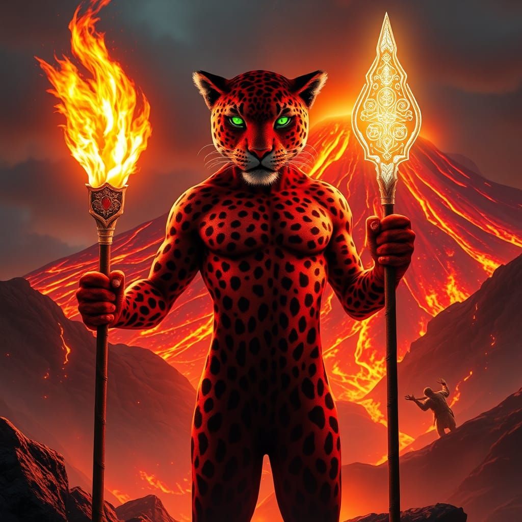 Jaguar Man at Volcano in Fantasy Concept Art