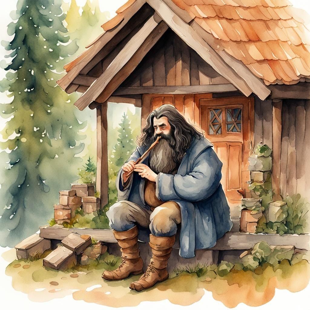 Hagrid Carving a Flute in Watercolor