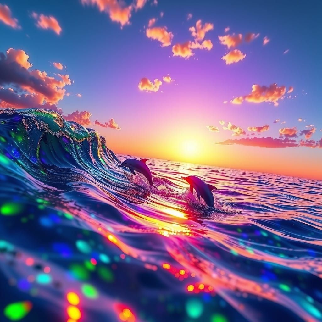 Surreal Dolphins Dance in a Radiant Oceanic Dreamscape