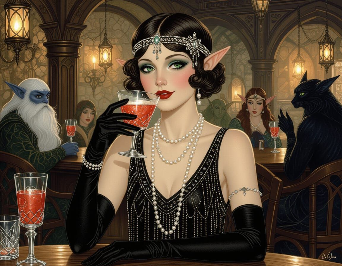 Enchanting Elf in Art Deco Fantasy Tavern
