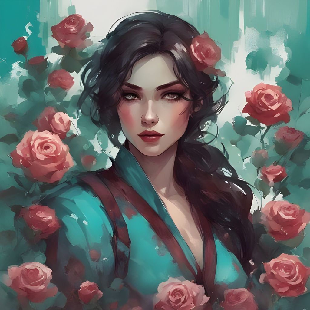 Watercolor Portrait of a Tatar Girl with Roses