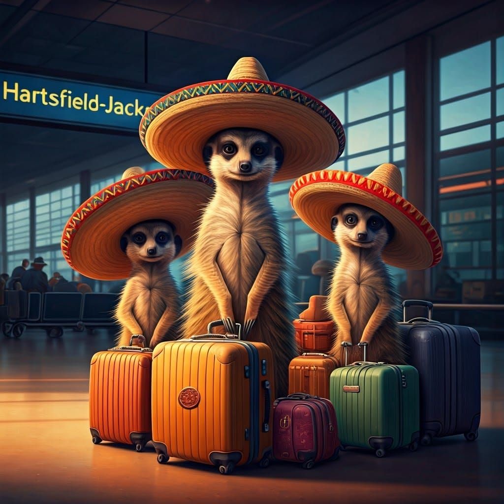 Meerkat Family Arrival in Sombreros: Oil Painting
