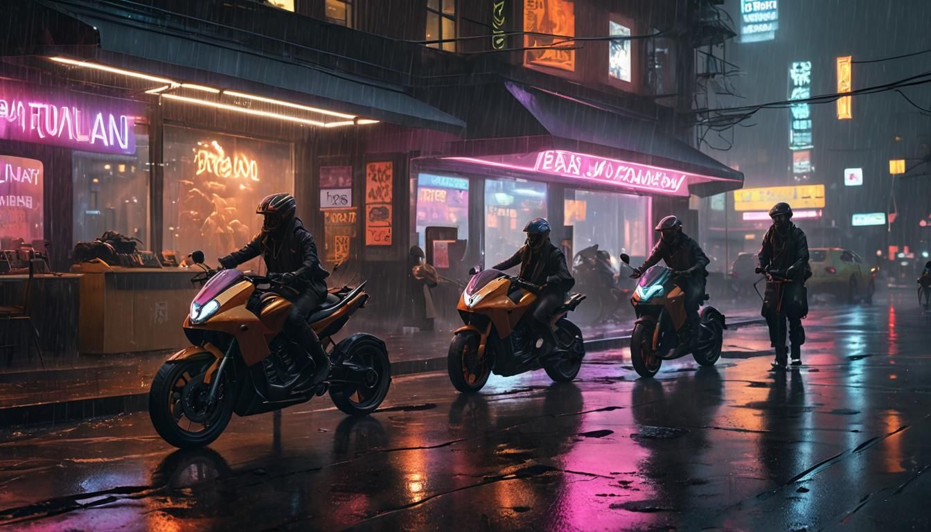 Neon Cyberpunk Cityscape in Rain with Hoverbikes