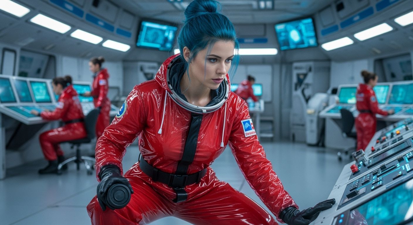 Space Woman Explores Futuristic Space Center