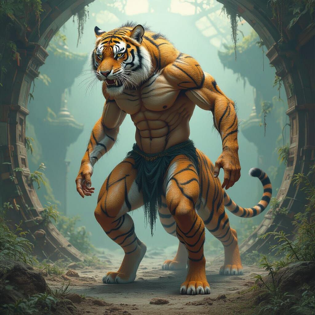 Man Transforms into Tiger in a Biomechanical Surrealscape