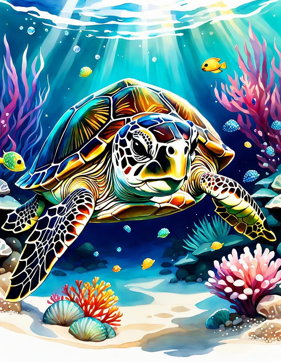 Bejeweled Chibi Sea Turtle Watercolor Sketch