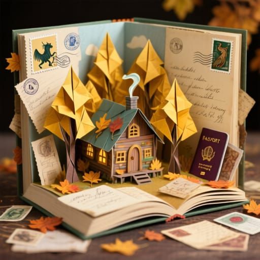 Magical Pop-Up Book Autumn Scene on Book Pages
