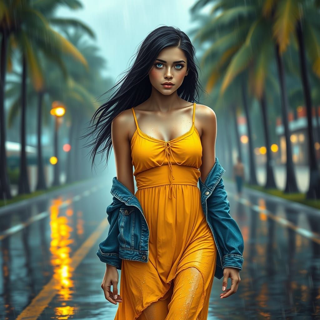 Mysterious Woman in Yellow Sundress Walks Alone Under Rainy ...