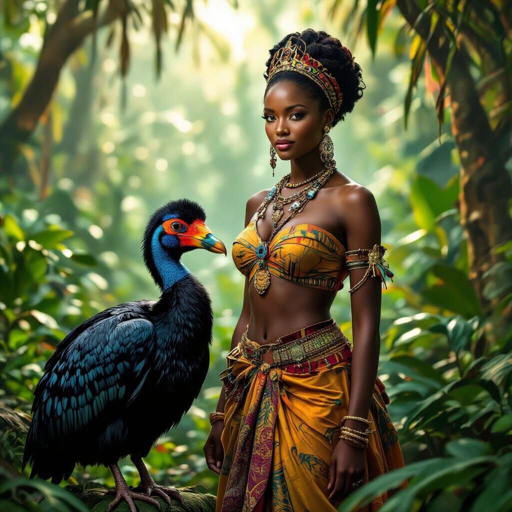 African Princess with Dodo Bird in Prehistoric Jungle